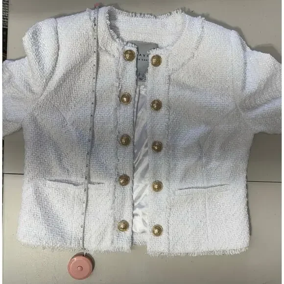 QVC Susan Graver Cropped Tweed Blazer w/ Fringe Detail White NWOT Size 4 - Picture 8 of 9